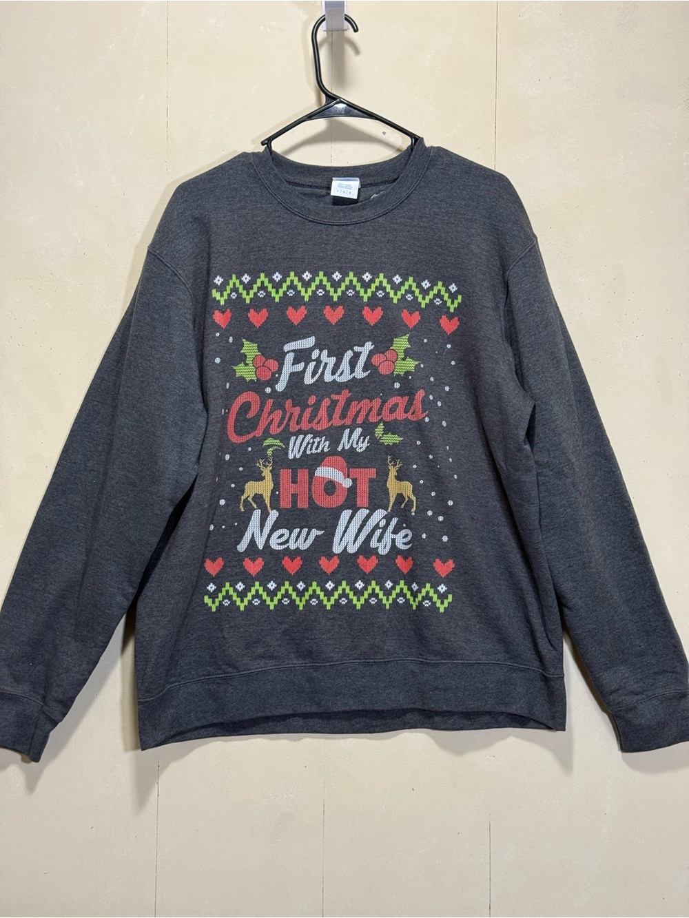 Men's Dark Gray 'First Christmas With My Hot New Wife' Holiday Sweatshirt Sz L
